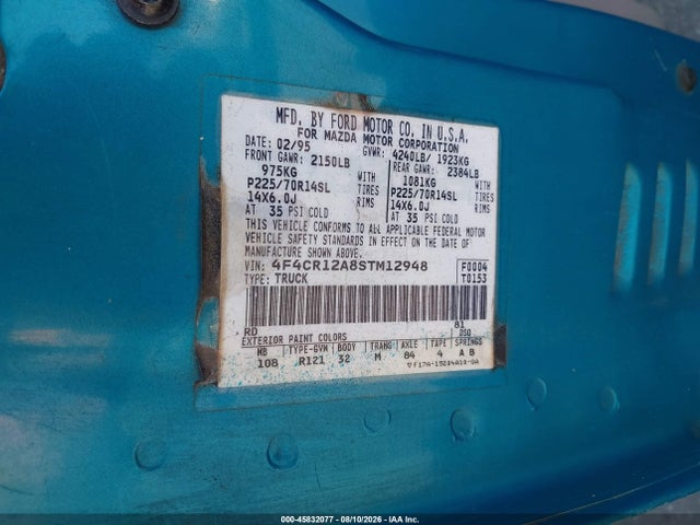 45832077 :رقم المزاد ، 4F4CR12A8STM12948 vin ، 1995 Mazda B2300 مزاد بيع