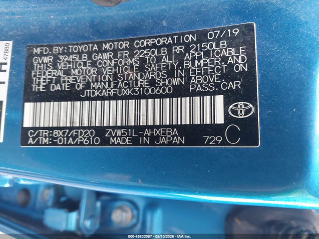 2019 Toyota Prius Le მანქანა იყიდება აუქციონზე, vin: JTDKARFUXK3100600, აუქციონის ნომერი: 45832087
