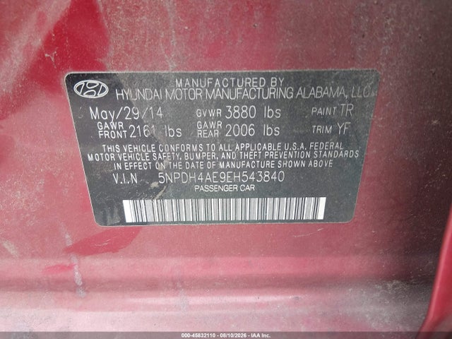 2014 Hyundai Elantra Se მანქანა იყიდება აუქციონზე, vin: 5NPDH4AE9EH543840, აუქციონის ნომერი: 45832110