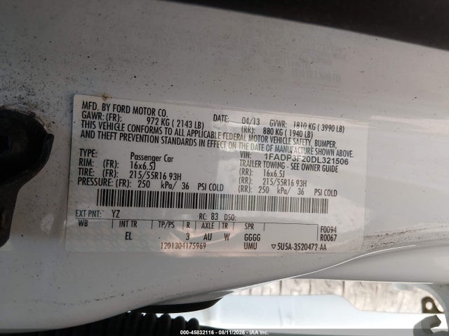 Продаж на аукціоні авто 2013 Ford Focus Se, vin: 1FADP3F20DL321506, номер лоту: 45832116