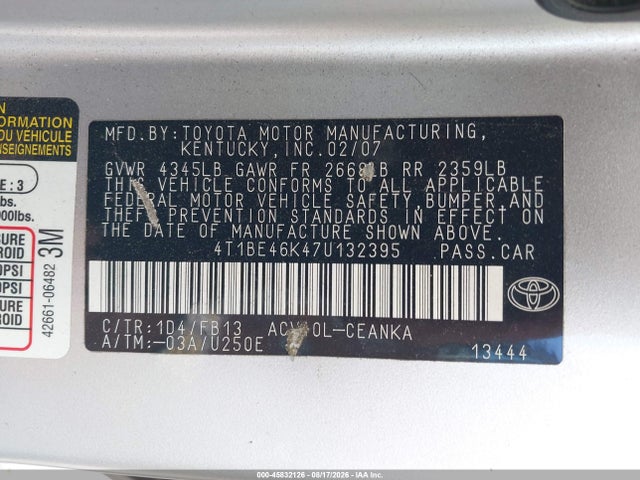 Продажа на аукционе авто 2007 Toyota Camry Le, vin: 4T1BE46K47U132395, номер лота: 45832126