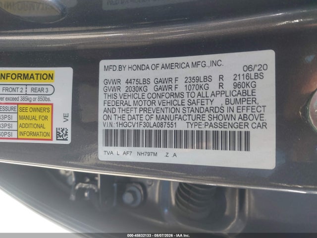 2020 Honda Accord Sport მანქანა იყიდება აუქციონზე, vin: 1HGCV1F30LA087551, აუქციონის ნომერი: 45832133