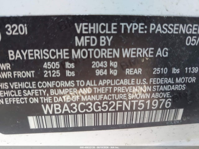 Aukcja sprzedaży 2015 Bmw 320i Xdrive, vin: WBA3C3G52FNT51976, numer aukcji: 45832139