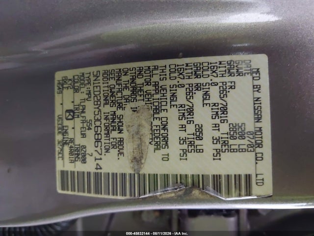 2003 Nissan Xterra Se მანქანა იყიდება აუქციონზე, vin: 5N1ED28Y53C686714, აუქციონის ნომერი: 45832144