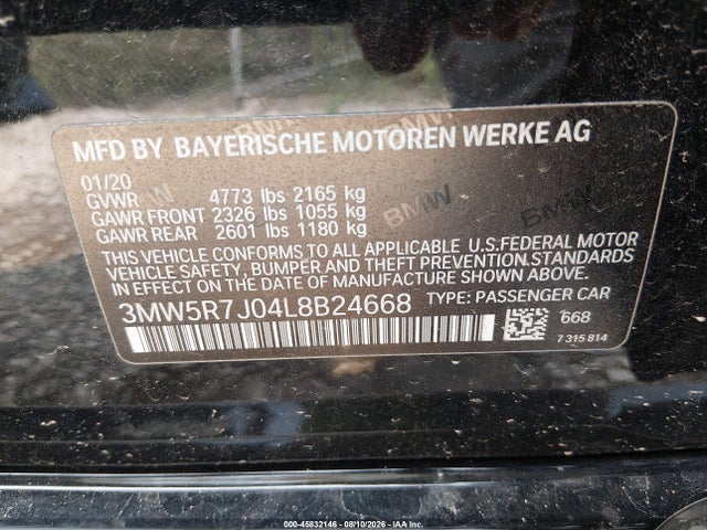 45832146 :رقم المزاد ، 3MW5R7J04L8B24668 vin ، 2020 Bmw 330i Xdrive مزاد بيع