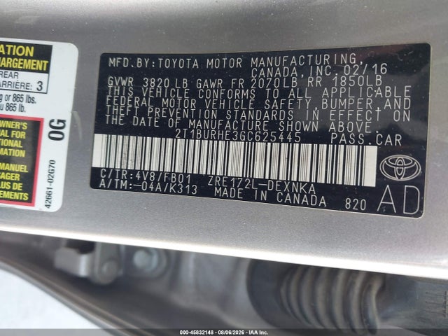 Продаж на аукціоні авто 2016 Toyota Corolla Le Plus, vin: 2T1BURHE3GC625445, номер лоту: 45832148