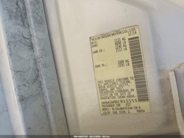 45832152 :رقم المزاد ، 1N4AA5AP8EC915555 vin ، 2014 Nissan Maxima 3.5 Sv مزاد بيع