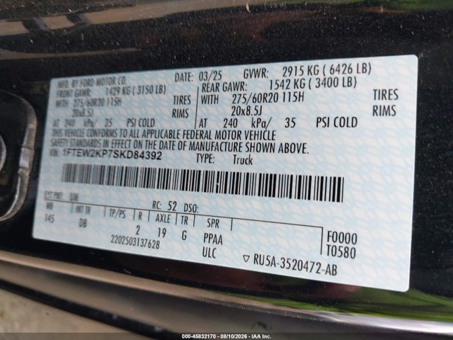45832170 :رقم المزاد ، 1FTEW2KP7SKD84392 vin ، 2025 Ford F-150 Stx مزاد بيع