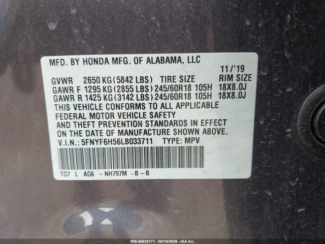 Продажа на аукционе авто 2020 Honda Pilot Awd Ex-l, vin: 5FNYF6H56LB033711, номер лота: 45832171