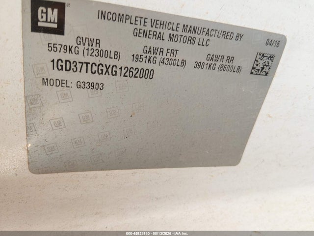 45832190 :رقم المزاد ، 1GD37TCGXG1262000 vin ، 2016 Gmc Savana Cutaway 3500 مزاد بيع