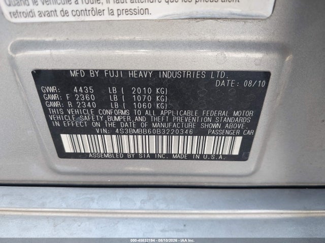 Продаж на аукціоні авто 2011 Subaru Legacy 2.5i Premium, vin: 4S3BMBB60B3220346, номер лоту: 45832194