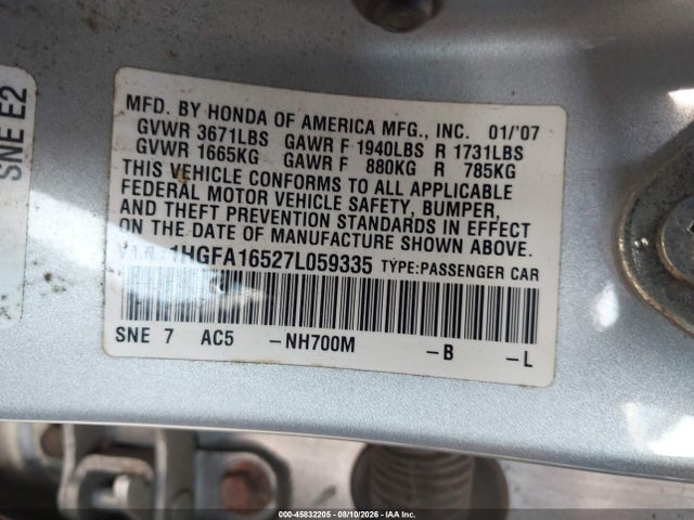 45832205 :رقم المزاد ، 1HGFA16527L059335 vin ، 2007 Honda Civic Lx مزاد بيع