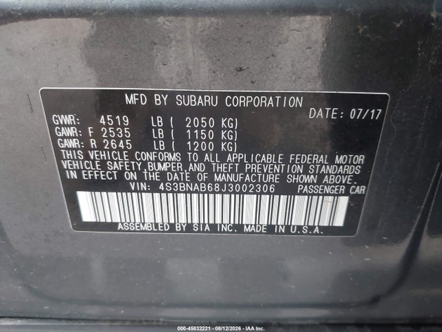 45832221 :رقم المزاد ، 4S3BNAB68J3002306 vin ، 2018 Subaru Legacy 2.5i مزاد بيع