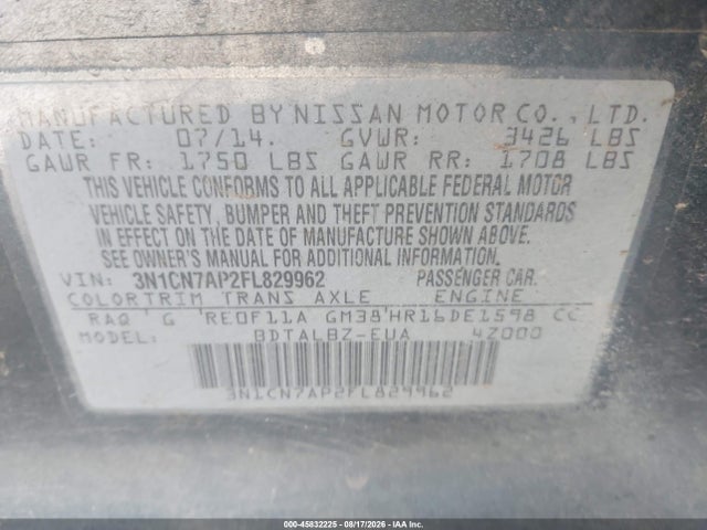 Nissan Versa 1.6 Sv 2015 3N1CN7AP2FL829962 Image 9