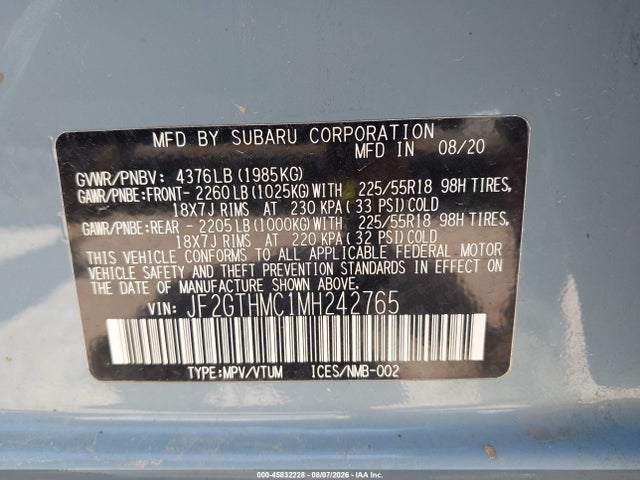 2021 Subaru Crosstrek Limited მანქანა იყიდება აუქციონზე, vin: JF2GTHMC1MH242765, აუქციონის ნომერი: 45832228