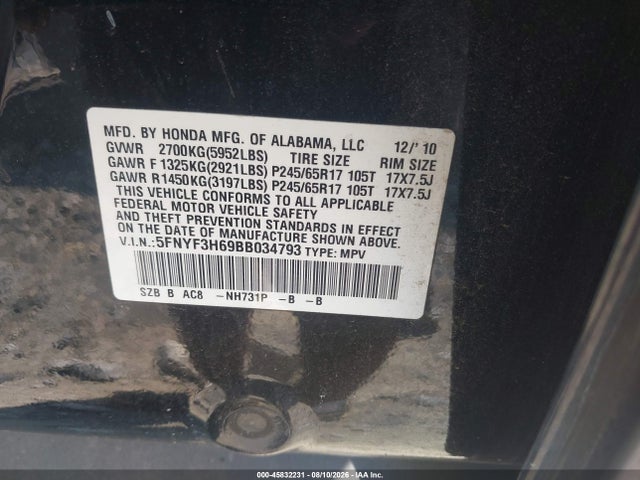 2011 Honda Pilot Ex-l მანქანა იყიდება აუქციონზე, vin: 5FNYF3H69BB034793, აუქციონის ნომერი: 45832231