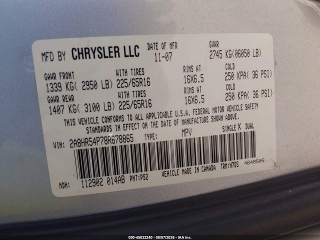Продаж на аукціоні авто 2008 Chrysler Town & Country Touring, vin: 2A8HR54P78R678865, номер лоту: 45832240