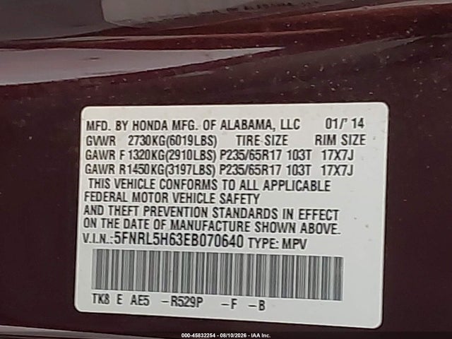 Honda Odyssey Ex-l 2014 5FNRL5H63EB070640 Image 9