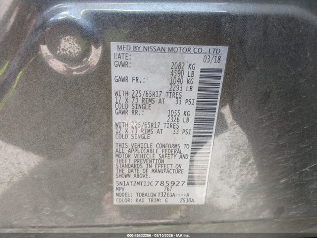 Продажа на аукционе авто 2018 Nissan Rogue Sv, vin: 5N1AT2MT1JC785927, номер лота: 45832256