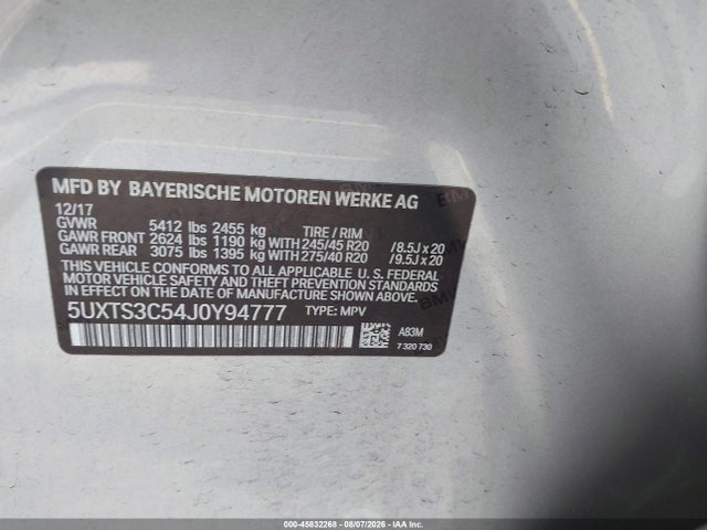 Продаж на аукціоні авто 2018 Bmw X3 M40i, vin: 5UXTS3C54J0Y94777, номер лоту: 45832268