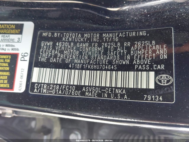 Продаж на аукціоні авто 2017 Toyota Camry Le, vin: 4T1BF1FK6HU704645, номер лоту: 45832279