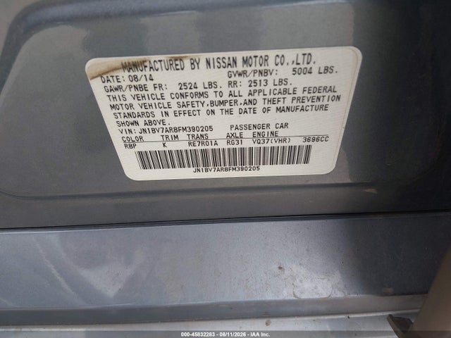 45832283 :رقم المزاد ، JN1BV7AR8FM390205 vin ، 2015 Infiniti Q50 Premium/sport مزاد بيع