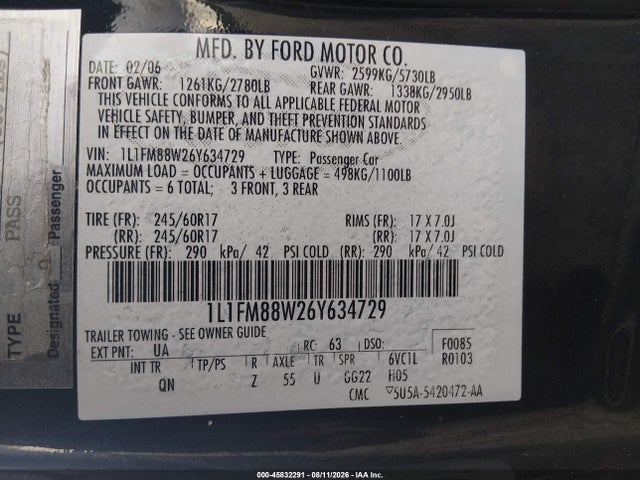Продажа на аукционе авто 2006 Lincoln Town Car Executive, vin: 1L1FM88W26Y634729, номер лота: 45832291