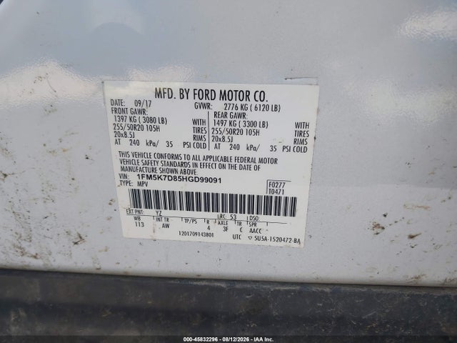 Продажа на аукционе авто 2017 Ford Explorer Xlt, vin: 1FM5K7D85HGD99091, номер лота: 45832296