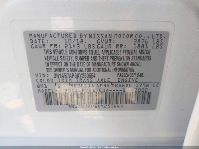 Nissan SENTRA S 2019 3N1AB7AP6KY250664 Image 9