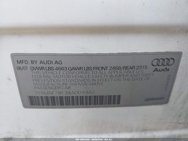 Продаж на аукціоні авто 2008 Audi A4 2.0t, vin: WAUAF78E38A009340, номер лоту: 45832300