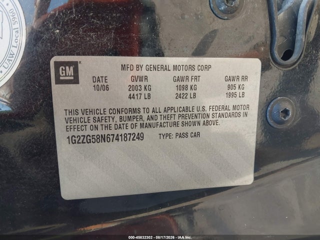 Продаж на аукціоні авто 2007 Pontiac G6, vin: 1G2ZG58N674187249, номер лоту: 45832302