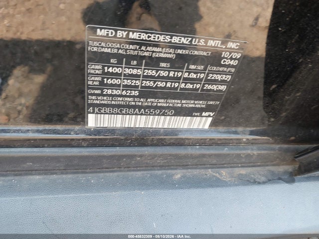 45832309 :رقم المزاد ، 4JGBB8GB8AA559750 vin ، 2010 Mercedes-benz Ml 350 4matic مزاد بيع