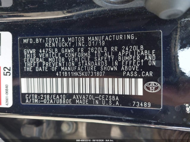 Toyota CAMRY SE 2019 4T1B11HK5KU731807 Image 9