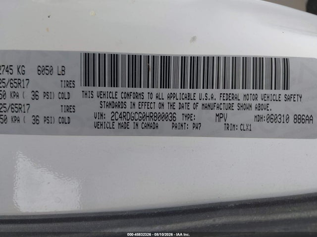 45832326 :رقم المزاد ، 2C4RDGCG0HR800036 vin ، 2017 Dodge Grand Caravan Sxt مزاد بيع