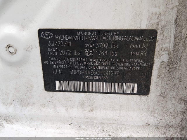 2012 Hyundai Elantra Limited მანქანა იყიდება აუქციონზე, vin: 5NPDH4AE6CH091276, აუქციონის ნომერი: 45832361