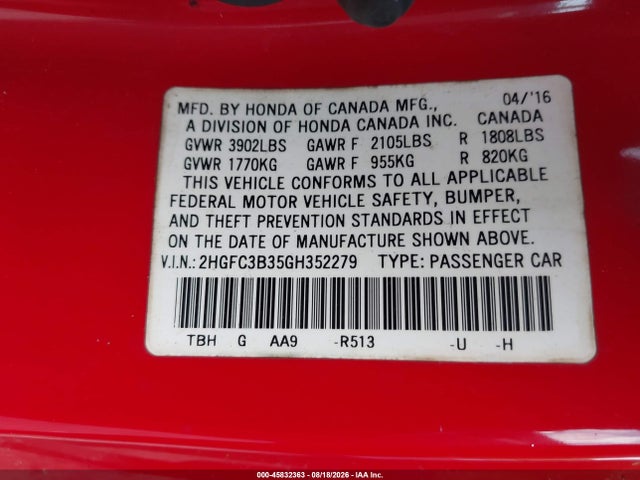 2HGFC3B35GH352279 Honda Civic Ex-t