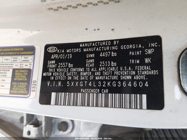 2019 Kia Optima S მანქანა იყიდება აუქციონზე, vin: 5XXGT4L32KG364604, აუქციონის ნომერი: 45832364