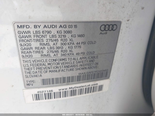 Aukcja sprzedaży 2015 Audi Q7 3.0t Premium, vin: WA1LGAFE7FD020453, numer aukcji: 45832371