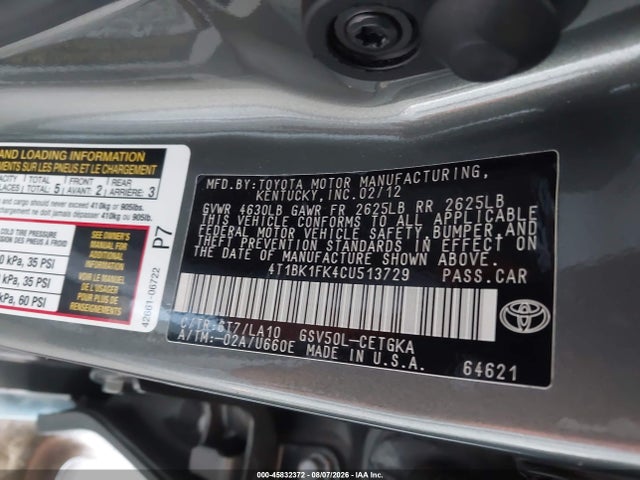 Продажа на аукционе авто 2012 Toyota Camry Xle V6, vin: 4T1BK1FK4CU513729, номер лота: 45832372