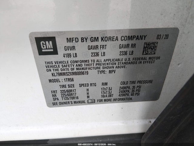 45832374 :رقم المزاد ، KL79MMS2XMB009619 vin ، 2021 Chevrolet Trailblazer Fwd Ls مزاد بيع