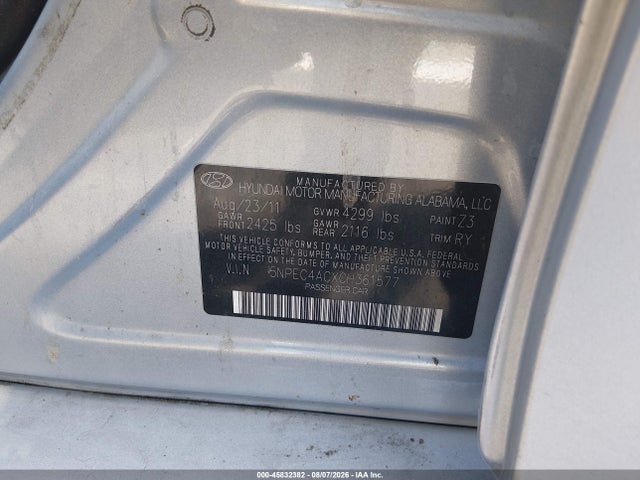 Продажа на аукционе авто 2012 Hyundai Sonata Se, vin: 5NPEC4ACXCH361577, номер лота: 45832382