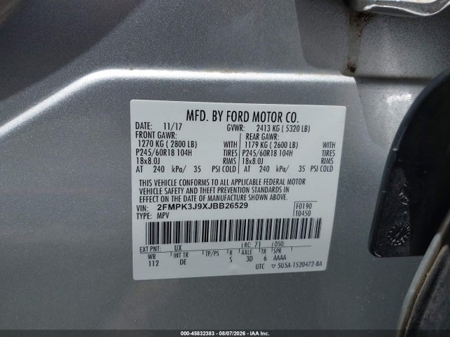 Продажа на аукционе авто 2018 Ford Edge Sel, vin: 2FMPK3J9XJBB26529, номер лота: 45832383