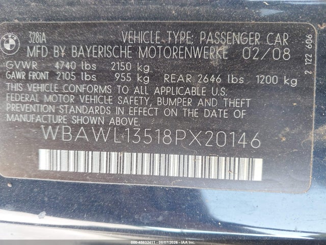 Продаж на аукціоні авто 2008 Bmw 328i, vin: WBAWL13518PX20146, номер лоту: 45832411
