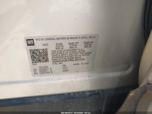 2022 Chevrolet Equinox Awd Lt მანქანა იყიდება აუქციონზე, vin: 3GNAXUEV5NL203155, აუქციონის ნომერი: 45832412
