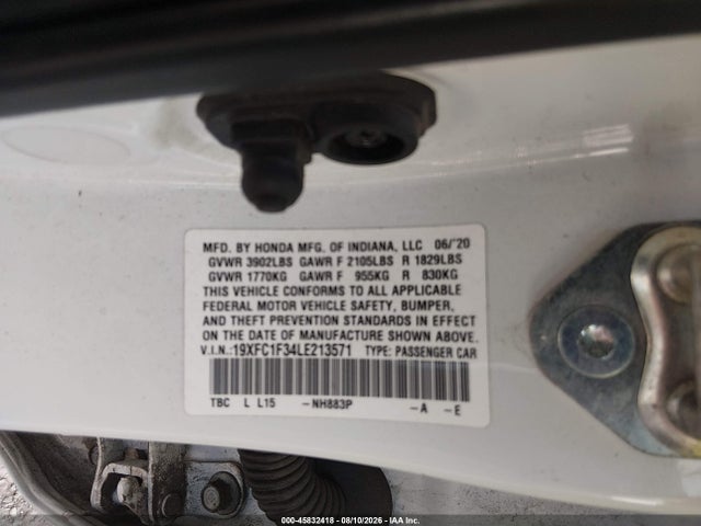 Aukcja sprzedaży 2020 Honda Civic Ex, vin: 19XFC1F34LE213571, numer aukcji: 45832418