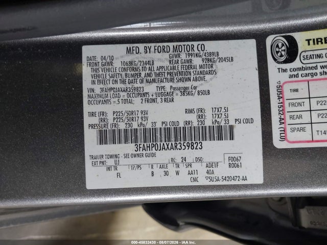 2010 Ford Fusion Sel მანქანა იყიდება აუქციონზე, vin: 3FAHP0JAXAR359823, აუქციონის ნომერი: 45832430