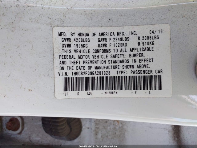 Aukcja sprzedaży 2016 Honda Accord Lx, vin: 1HGCR2F39GA201028, numer aukcji: 45832473