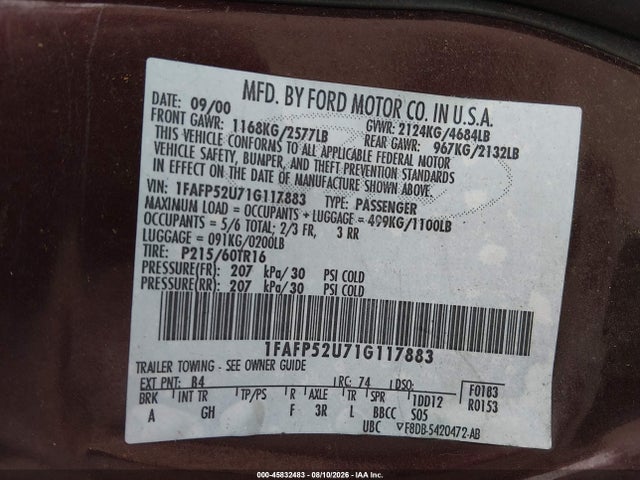 Продажа на аукционе авто 2001 Ford Taurus Lx, vin: 1FAFP52U71G117883, номер лота: 45832483