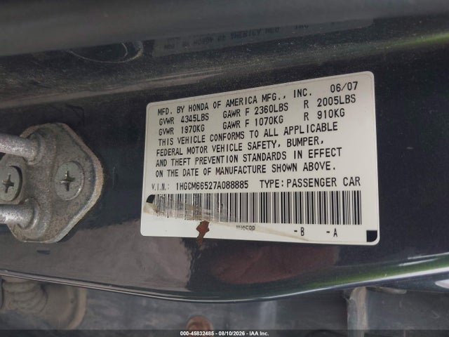 45832485 :رقم المزاد ، 1HGCM66527A088885 vin ، 2007 Honda Accord 3.0 Ex مزاد بيع