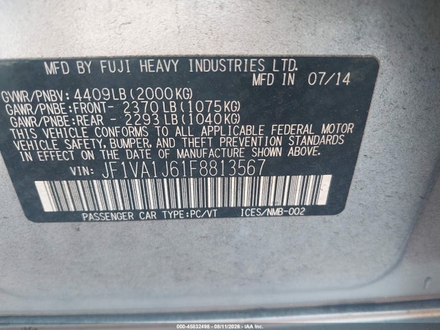 45832498 :رقم المزاد ، JF1VA1J61F8813567 vin ، 2015 Subaru Wrx Limited مزاد بيع